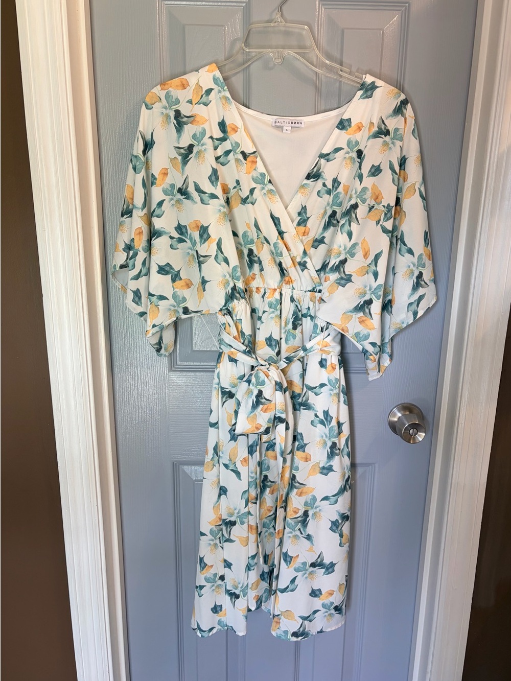 Baltic Born White knee length Dress with Yellow & Green Floral Print